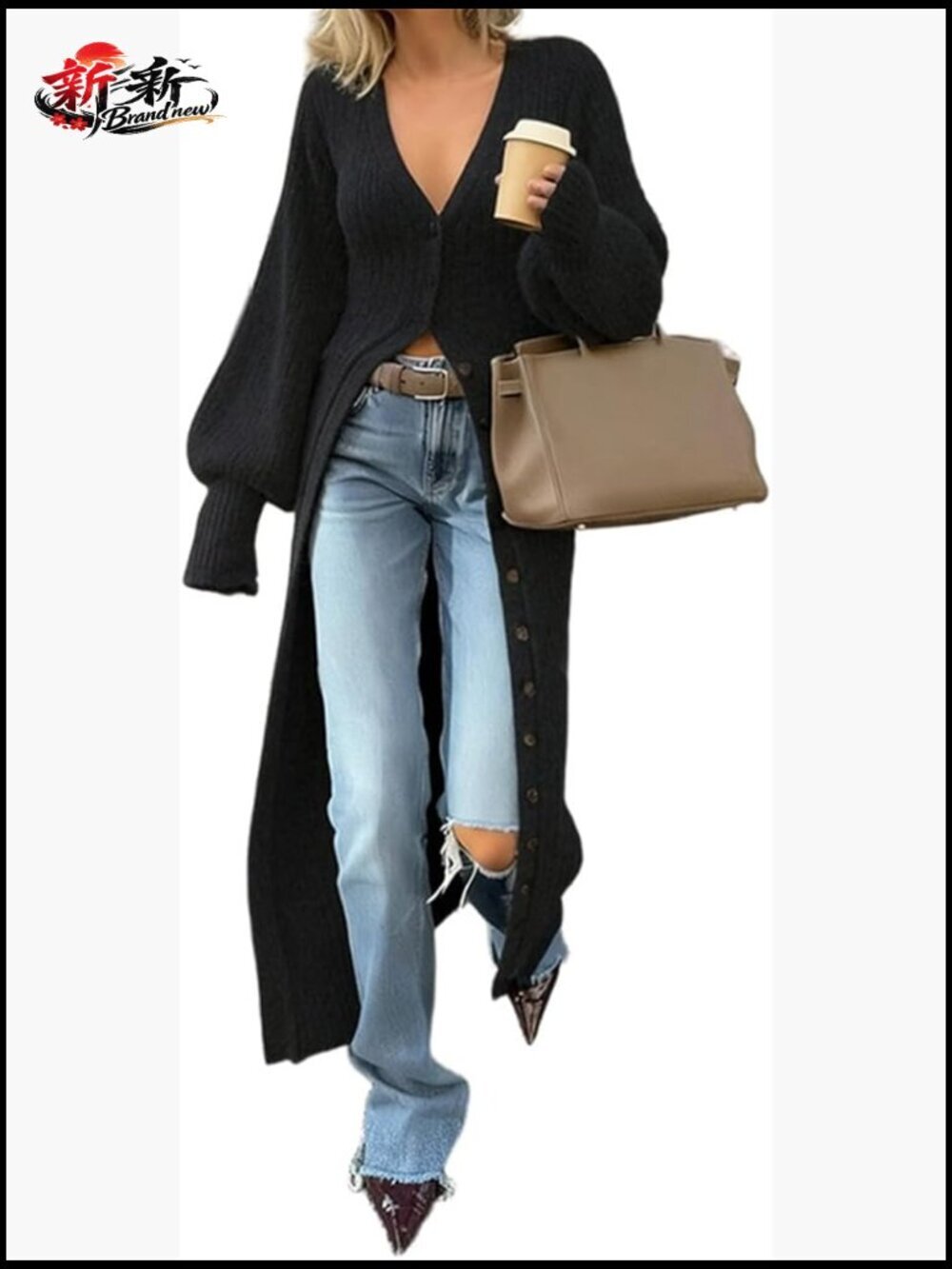Trendy V-Neck Button Down Long Cardigans, Chunky Knit Fall Maxi Coat Sweater